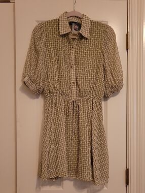 Casual Acaiv Olive Green Gingham Button-Front Dress